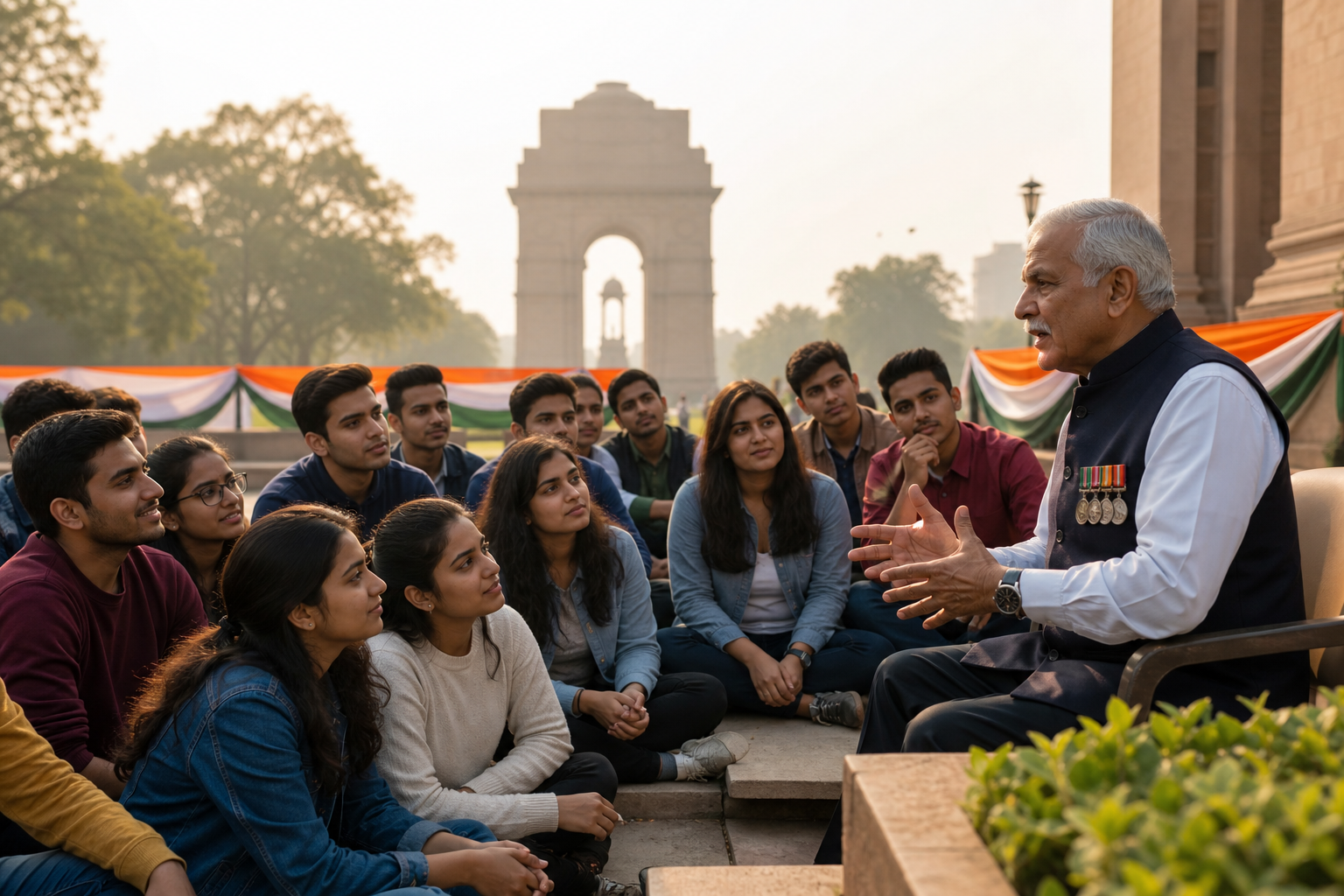 Veteran guiding young citizens in a patriotic programme